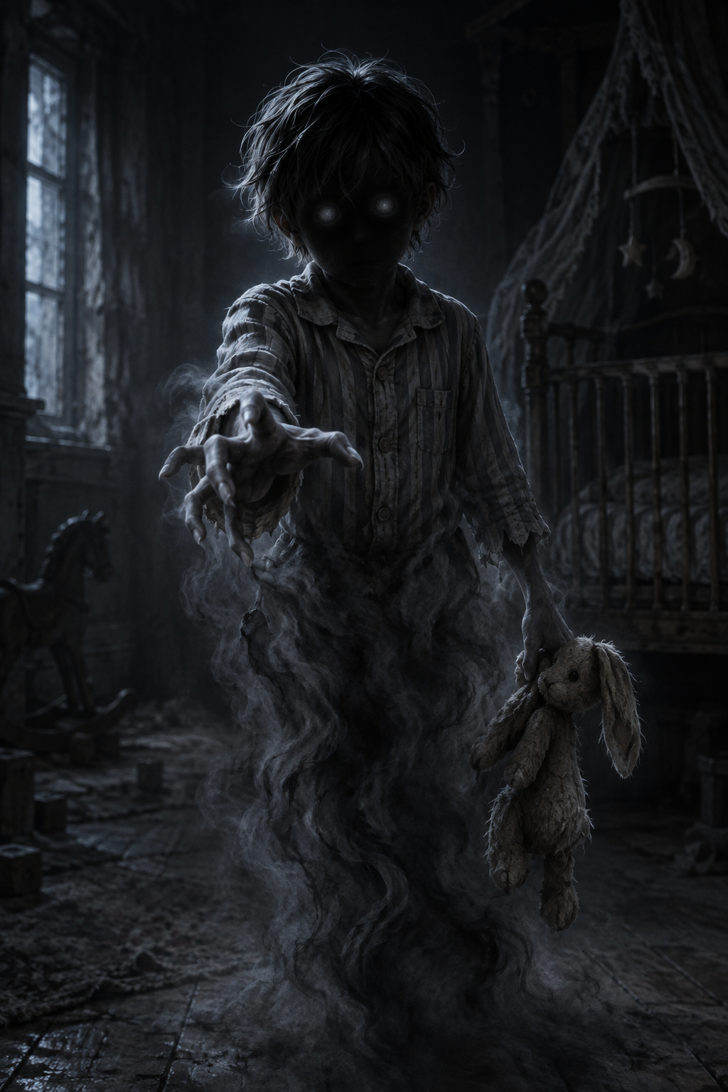 Bernie, a shadow-faced spectral boy holding a torn rabbit